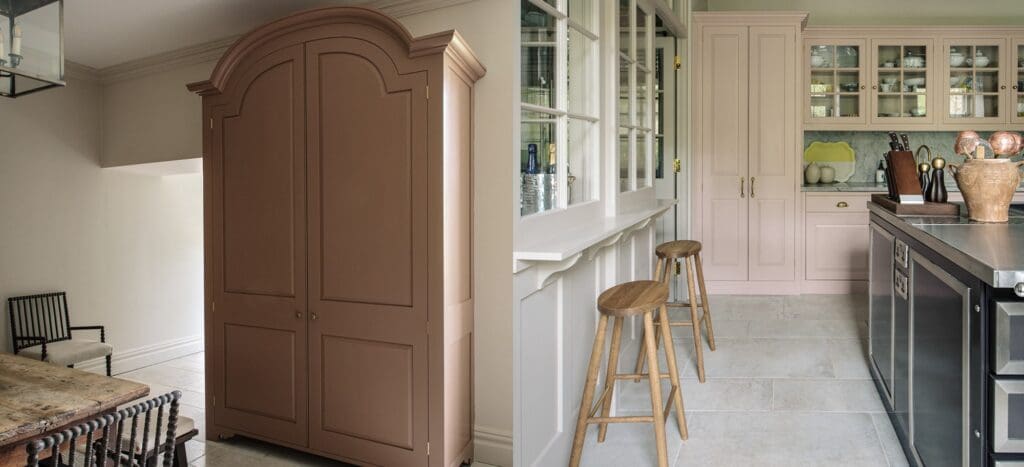 Dual view of Kipper Coloured Kitchen Cupboard, Cabinets, and Pantry designed by Plain English