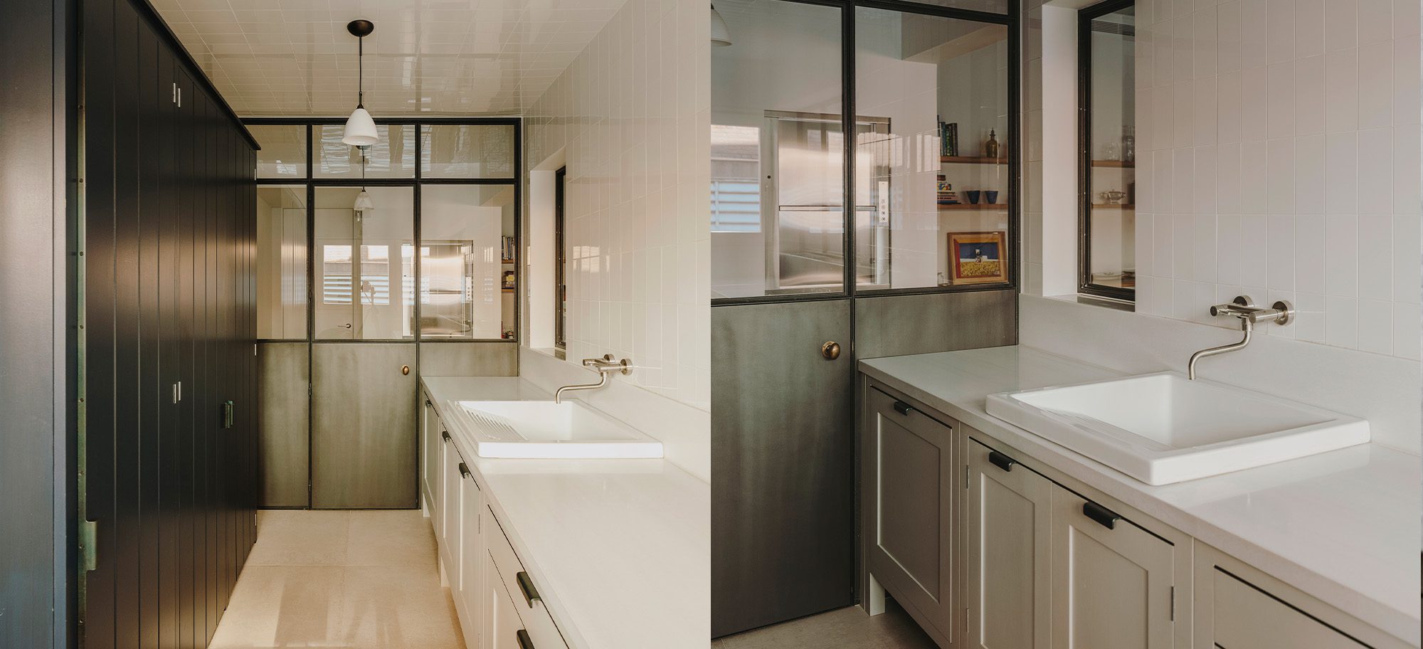 Split image with dark blue custom cabinets on the left and a standing black tub inside windowed doors to the right.