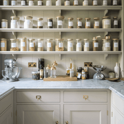 Open pantry with custom cabinetry in soft beige with brass handles, marble countertop, and glass jars on shelves.