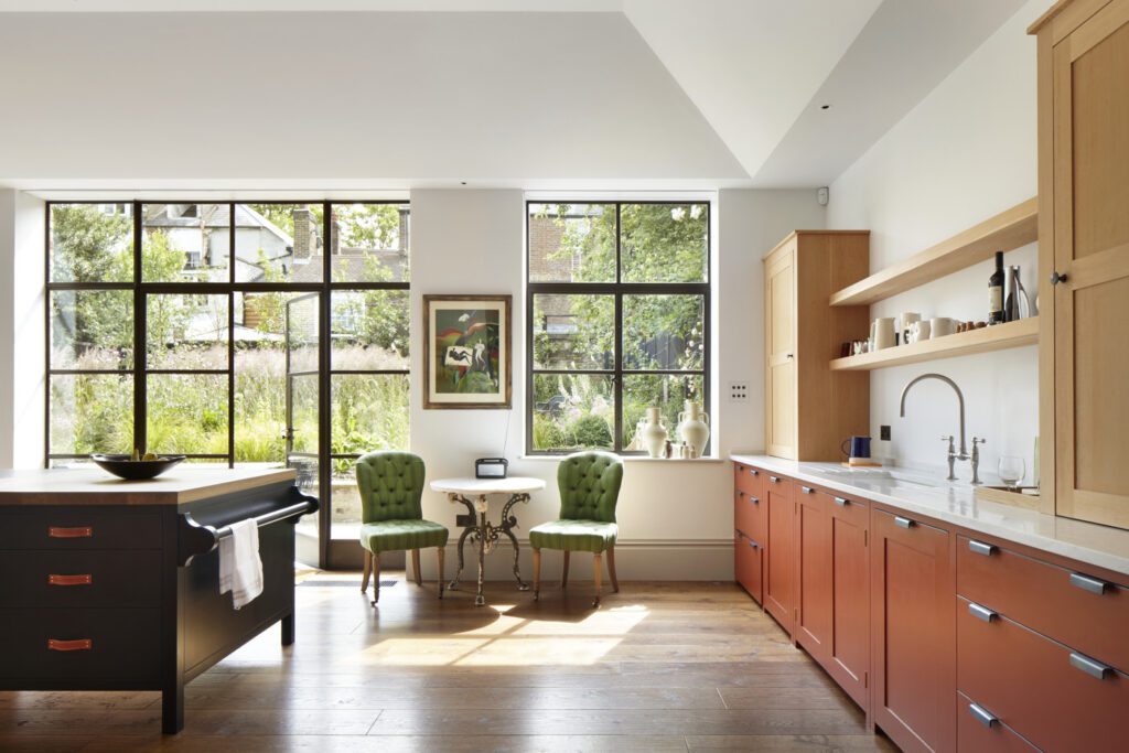 Floor Cupboards painted in Rusty Nail with Osea Island and counter-standing cupboards